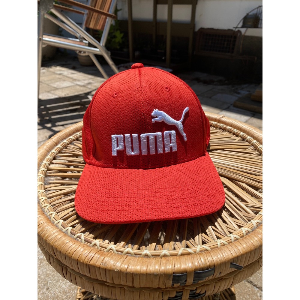 Puma Red Stretch Fit Baseball Cap Hat Embroidered Logo Mesh S/M